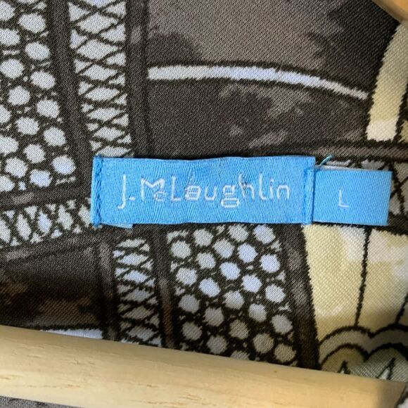 J. McLaughlin Devon Gray Taupe Blue Geo Pattern 3/4 Sleeve Midi Sheath Dress L - Picture 6 of 14